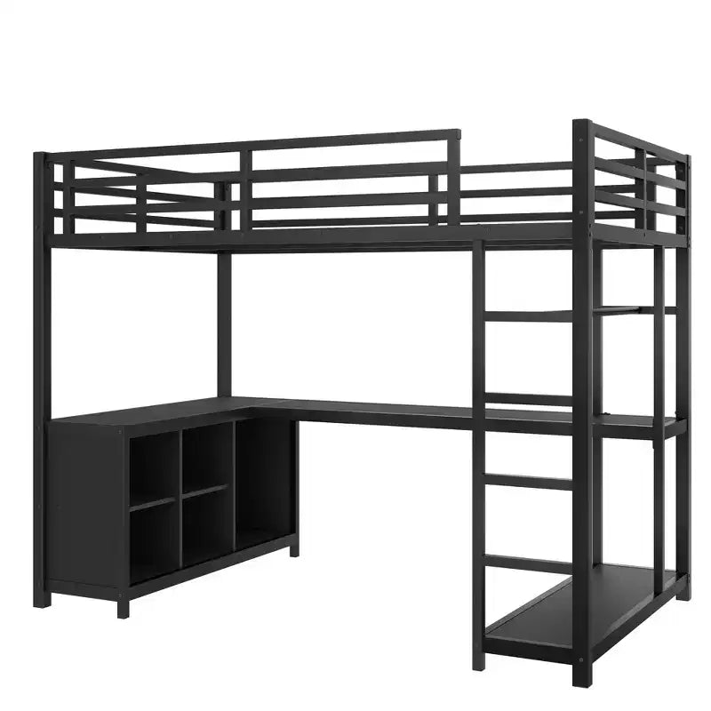 Bellemave Queen Metal Loft Bed with L-Shaped Desk & Wardrobe, Space-Saving Loft Bed with Storage Shelves & Guardrails, Black