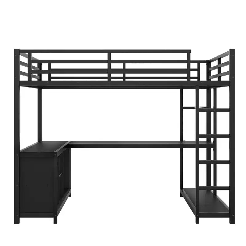 Bellemave Queen Metal Loft Bed with L-Shaped Desk & Wardrobe, Space-Saving Loft Bed with Storage Shelves & Guardrails, Black