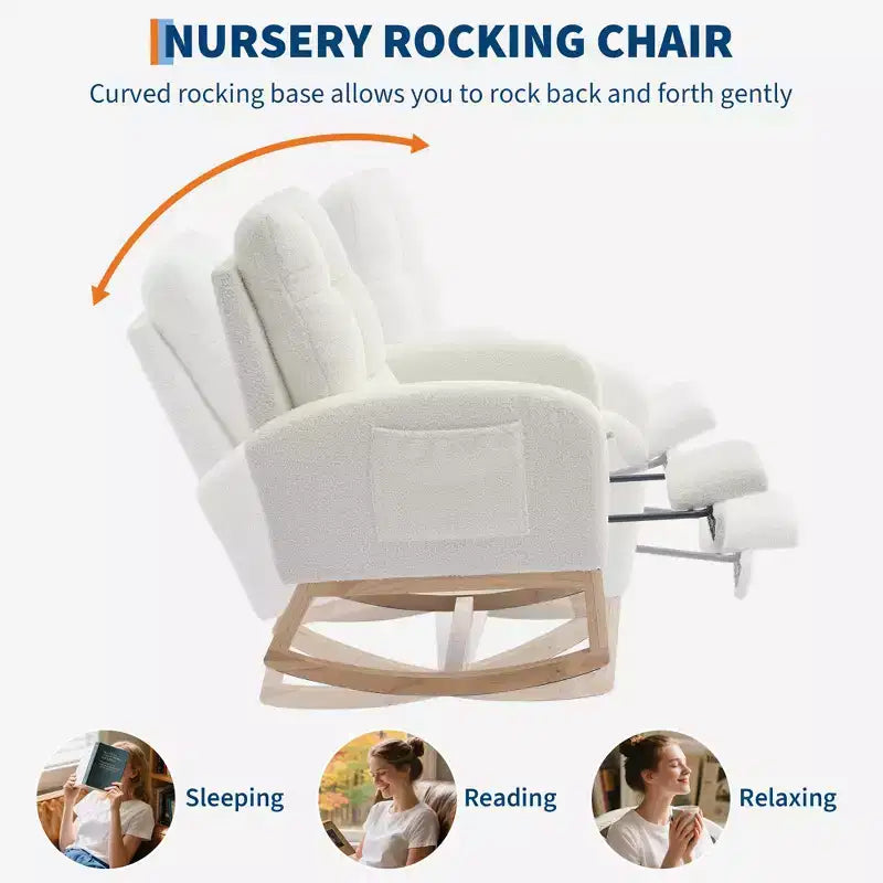 Modern Nursery Rocking Chair, Linen Upholstered Rocking Chair with USB Port & Side Pocket, Rocker Glider for Living Room, Bedroom, Nursing Room