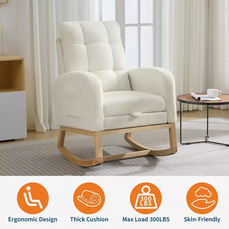 Modern Nursery Rocking Chair, Linen Upholstered Rocking Chair with USB Port & Side Pocket, Rocker Glider for Living Room, Bedroom, Nursing Room