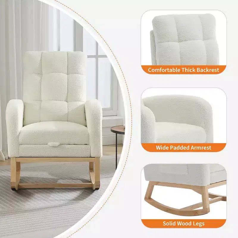 Modern Nursery Rocking Chair, Linen Upholstered Rocking Chair with USB Port & Side Pocket, Rocker Glider for Living Room, Bedroom, Nursing Room