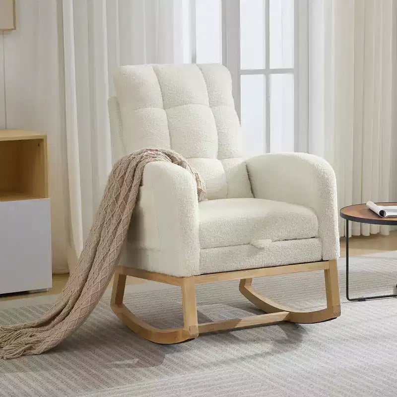 Modern Nursery Rocking Chair, Linen Upholstered Rocking Chair with USB Port & Side Pocket, Rocker Glider for Living Room, Bedroom, Nursing Room