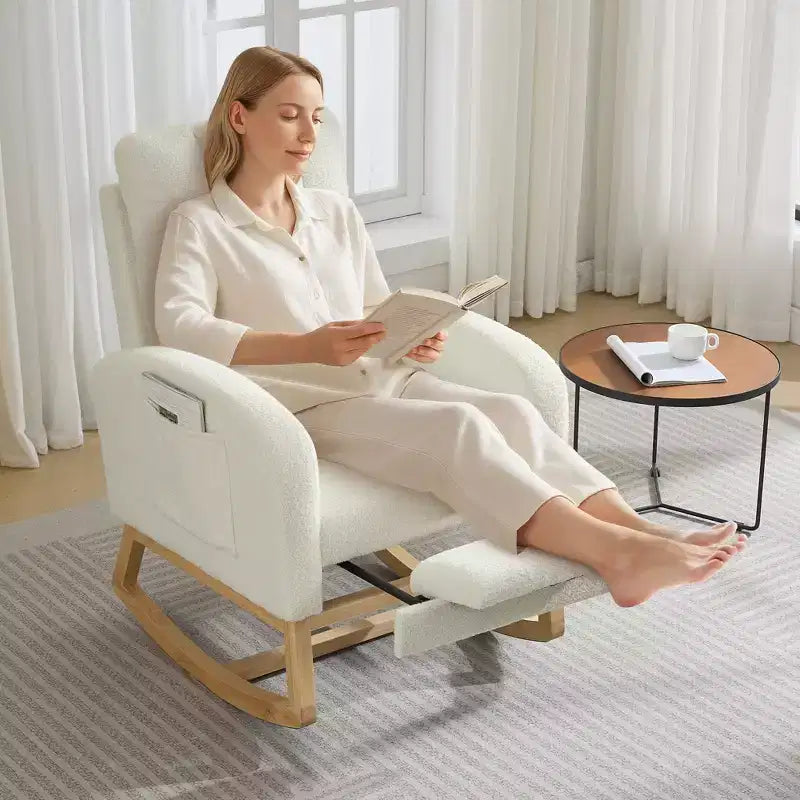 Modern Nursery Rocking Chair, Linen Upholstered Rocking Chair with USB Port & Side Pocket, Rocker Glider for Living Room, Bedroom, Nursing Room