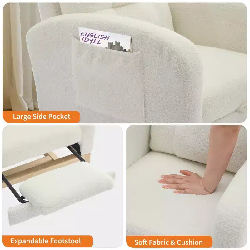 Modern Nursery Rocking Chair, Linen Upholstered Rocking Chair with USB Port & Side Pocket, Rocker Glider for Living Room, Bedroom, Nursing Room