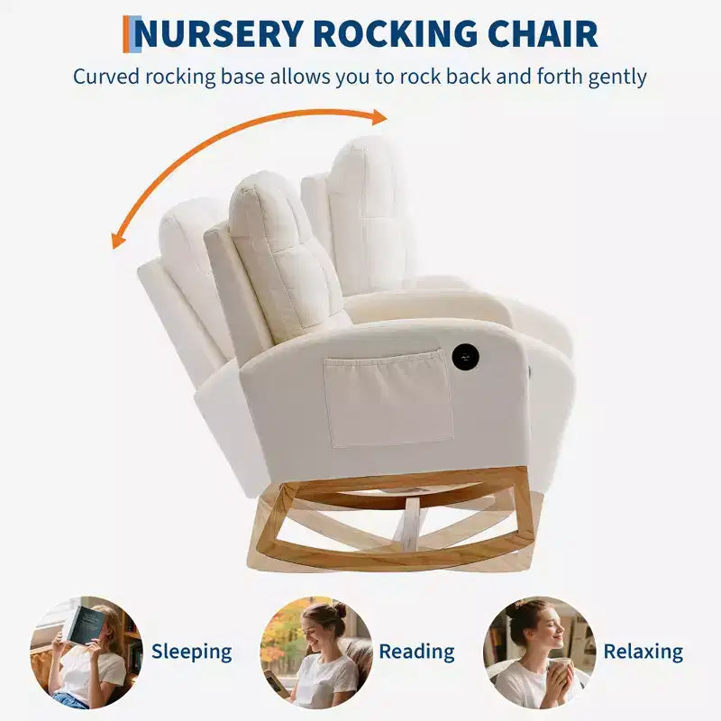 Modern Nursery Rocking Chair, Linen Upholstered Rocking Chair with USB Port & Side Pocket, Rocker Glider for Living Room, Bedroom, Nursing Room
