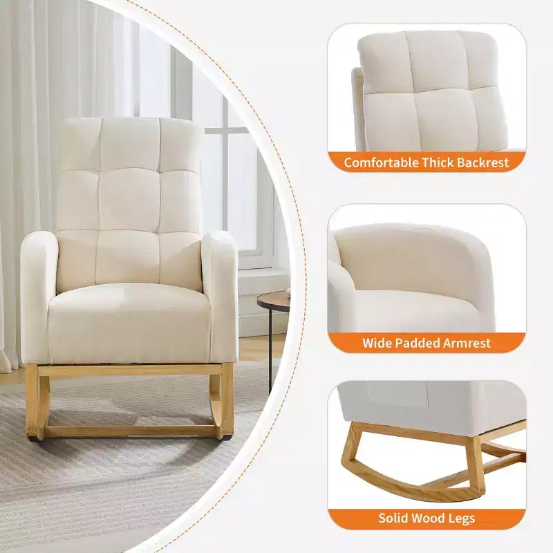 Modern Nursery Rocking Chair, Linen Upholstered Rocking Chair with USB Port & Side Pocket, Rocker Glider for Living Room, Bedroom, Nursing Room