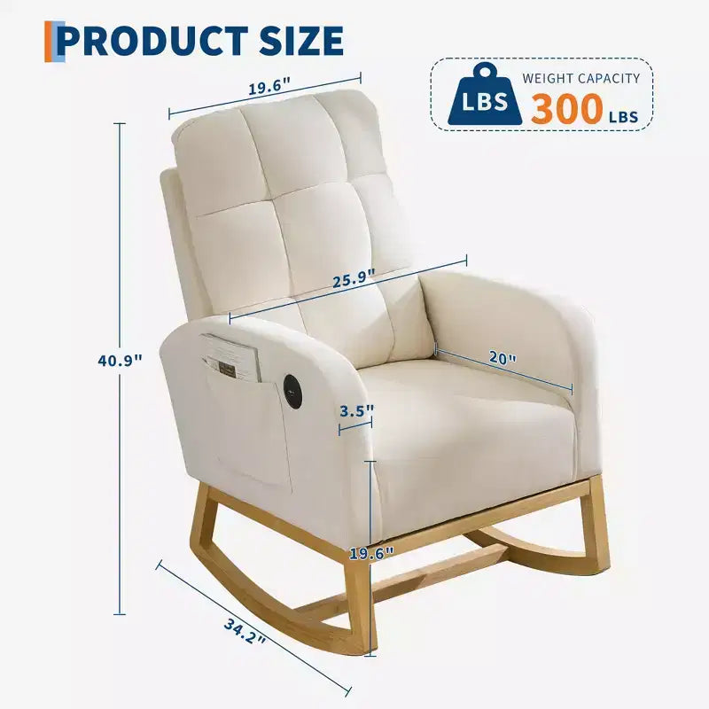 Modern Nursery Rocking Chair, Linen Upholstered Rocking Chair with USB Port & Side Pocket, Rocker Glider for Living Room, Bedroom, Nursing Room