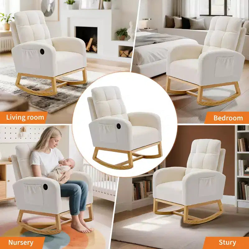 Modern Nursery Rocking Chair, Linen Upholstered Rocking Chair with USB Port & Side Pocket, Rocker Glider for Living Room, Bedroom, Nursing Room