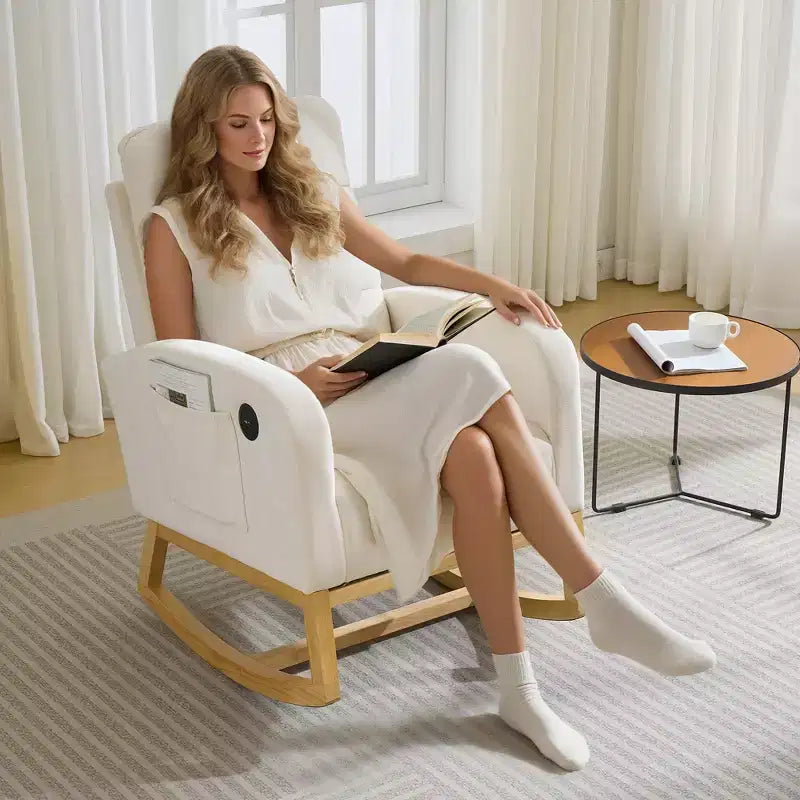 Modern Nursery Rocking Chair, Linen Upholstered Rocking Chair with USB Port & Side Pocket, Rocker Glider for Living Room, Bedroom, Nursing Room