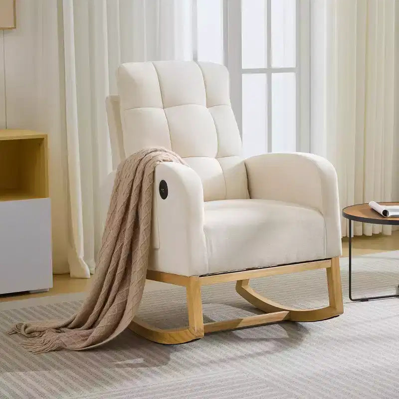 Modern Nursery Rocking Chair, Linen Upholstered Rocking Chair with USB Port & Side Pocket, Rocker Glider for Living Room, Bedroom, Nursing Room