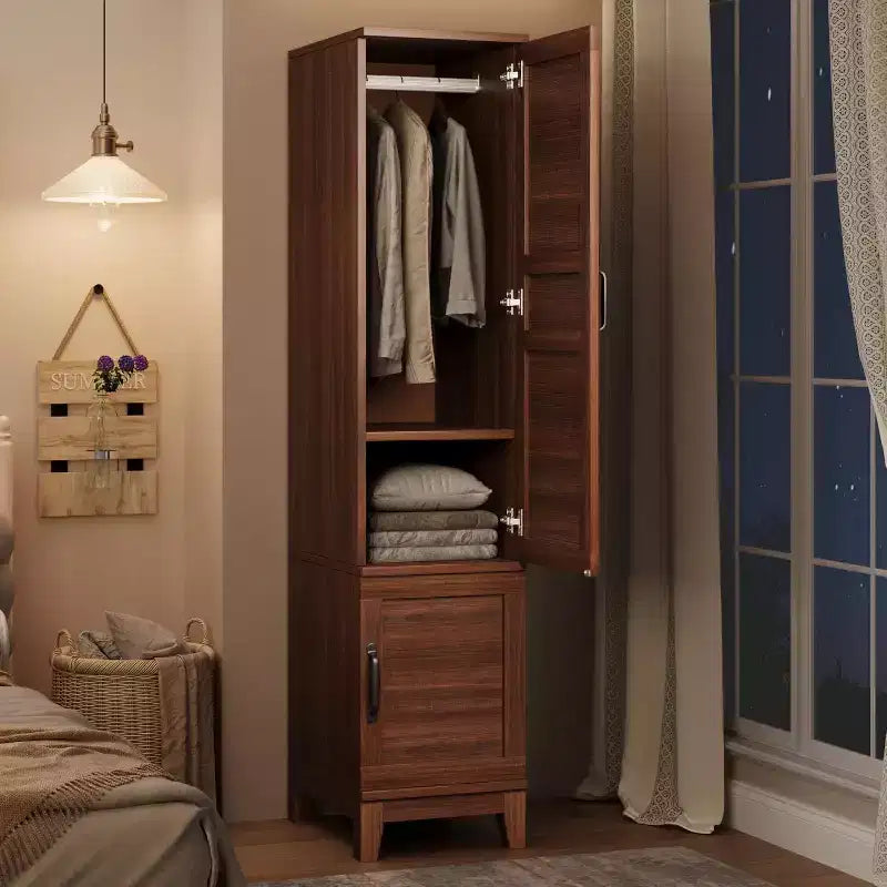 Double-door wardrobe with hanging rod, 72-inch narrow and tall wardrobe with 18 adjustable shelves.