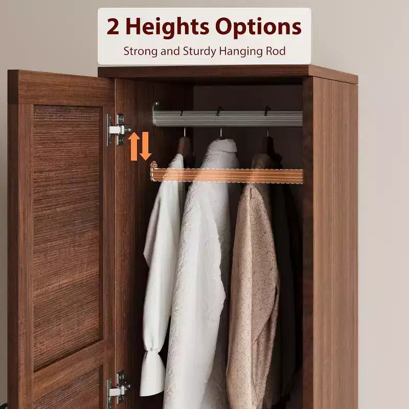 Double-door wardrobe with hanging rod, 72-inch narrow and tall wardrobe with 18 adjustable shelves.