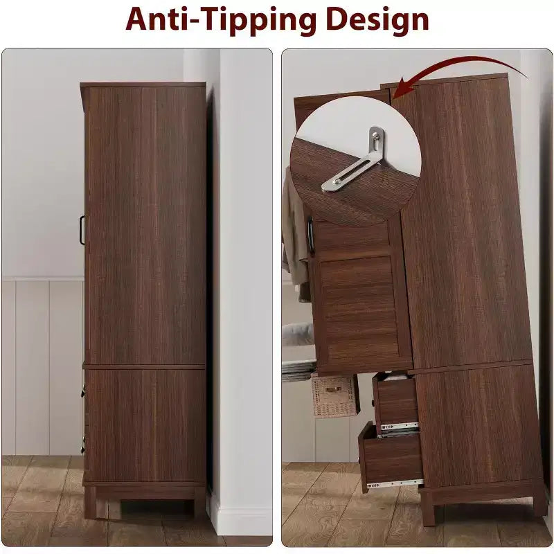 Double-door wardrobe with hanging rod, 72-inch narrow and tall wardrobe with 18 adjustable shelves.