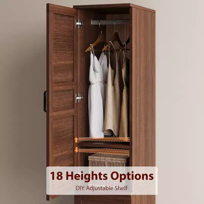 Double-door wardrobe with hanging rod, 72-inch narrow and tall wardrobe with 18 adjustable shelves.