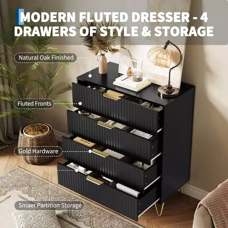 Bedroom four-drawer wardrobe - wave patterned cabinet, modern standing storage cabinet, slim bedside table
