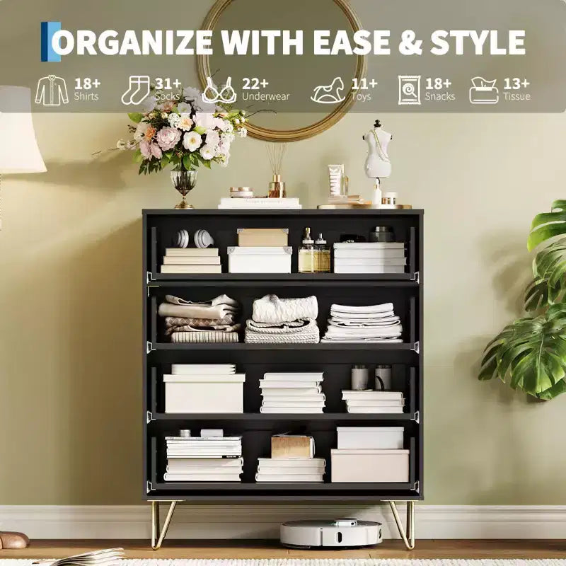 Bedroom four-drawer wardrobe - wave patterned cabinet, modern standing storage cabinet, slim bedside table