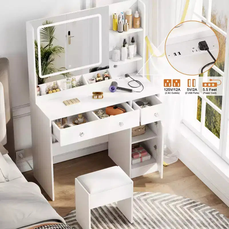 White Makeup Vanity Desk with Mirror and Lights Vanity Set with Stool 3 Color Lighted Mirror Dressing Table with Power Outlet and Drawers Cabinet