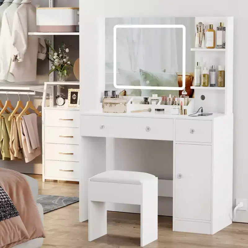 White Makeup Vanity Desk with Mirror and Lights Vanity Set with Stool 3 Color Lighted Mirror Dressing Table with Power Outlet and Drawers Cabinet