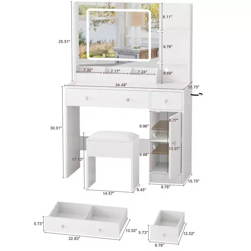 White Makeup Vanity Desk with Mirror and Lights Vanity Set with Stool 3 Color Lighted Mirror Dressing Table with Power Outlet and Drawers Cabinet