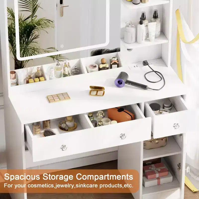 White Makeup Vanity Desk with Mirror and Lights Vanity Set with Stool 3 Color Lighted Mirror Dressing Table with Power Outlet and Drawers Cabinet