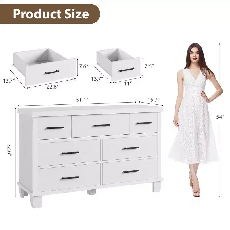 7 Drawers Wood Dresser for Bedroom, 51 Wide Storage Chest of Drawers, Modern Wooden Organizer with Metal Handles for Closet, Living Room