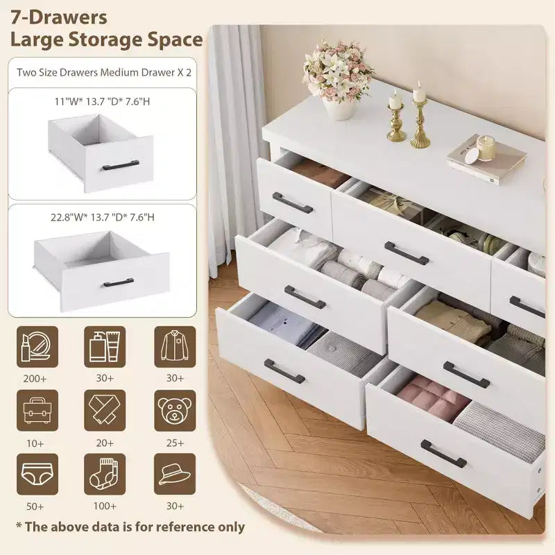 7 Drawers Wood Dresser for Bedroom, 51 Wide Storage Chest of Drawers, Modern Wooden Organizer with Metal Handles for Closet, Living Room