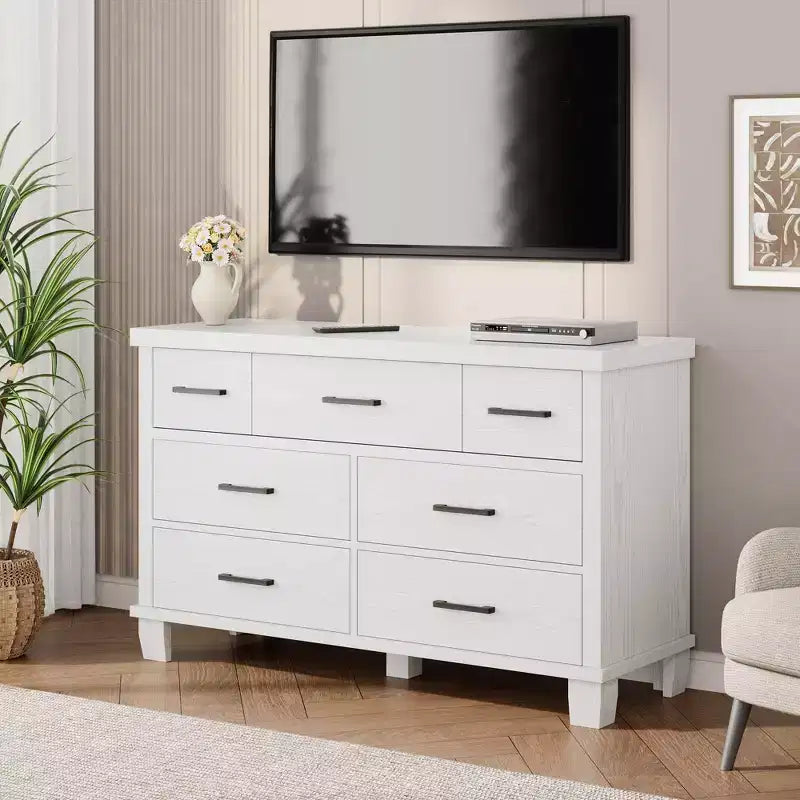 7 Drawers Wood Dresser for Bedroom, 51 Wide Storage Chest of Drawers, Modern Wooden Organizer with Metal Handles for Closet, Living Room
