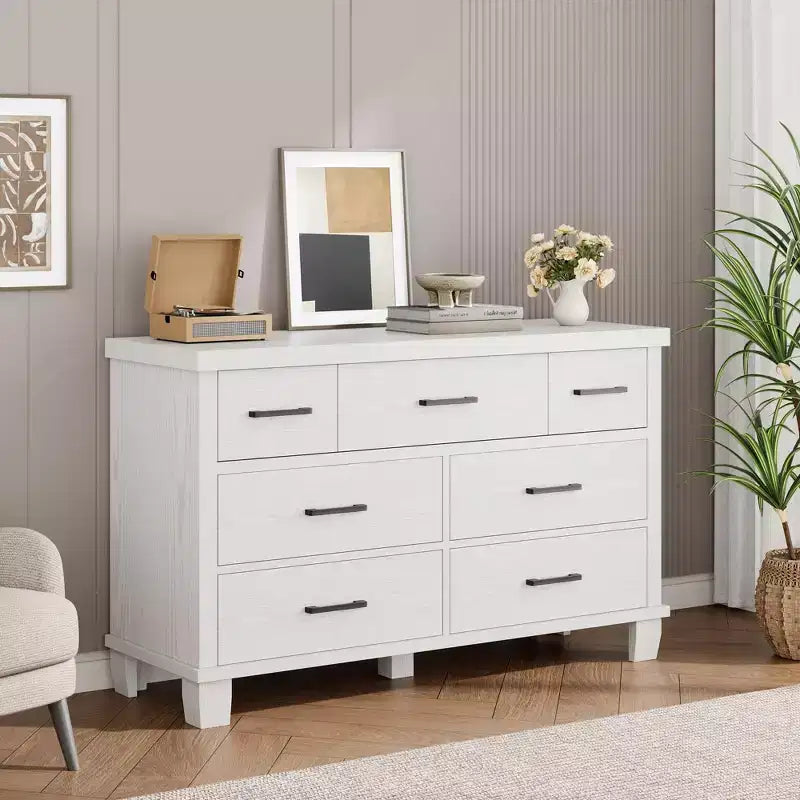 7 Drawers Wood Dresser for Bedroom, 51 Wide Storage Chest of Drawers, Modern Wooden Organizer with Metal Handles for Closet, Living Room