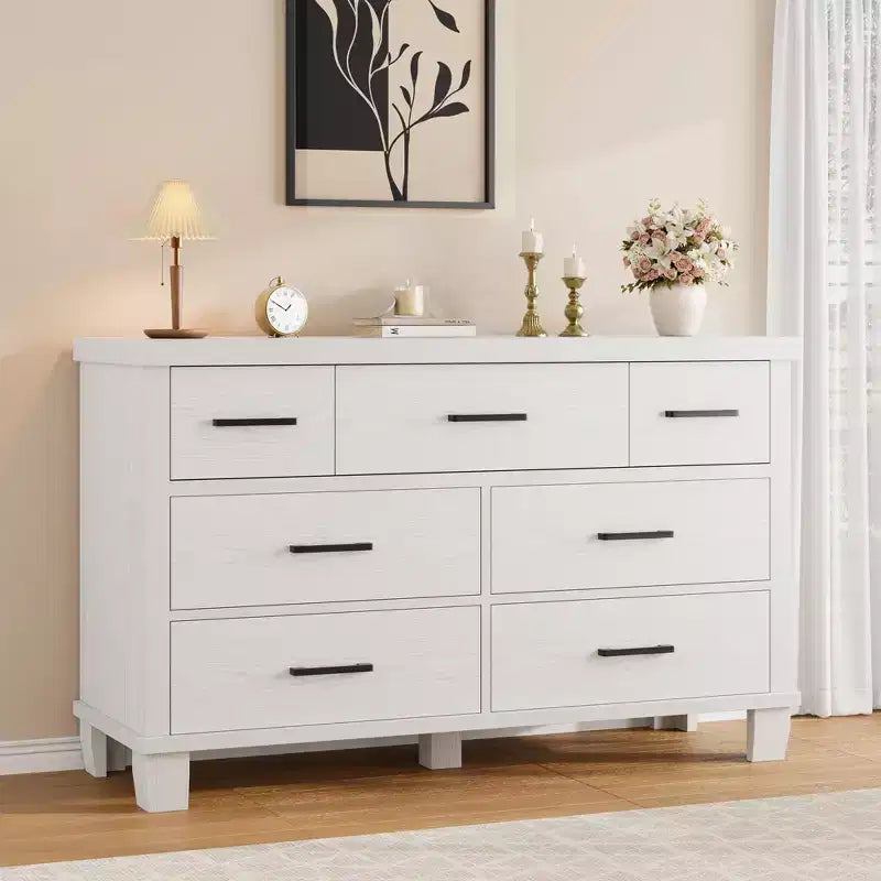 7 Drawers Wood Dresser for Bedroom, 51 Wide Storage Chest of Drawers, Modern Wooden Organizer with Metal Handles for Closet, Living Room