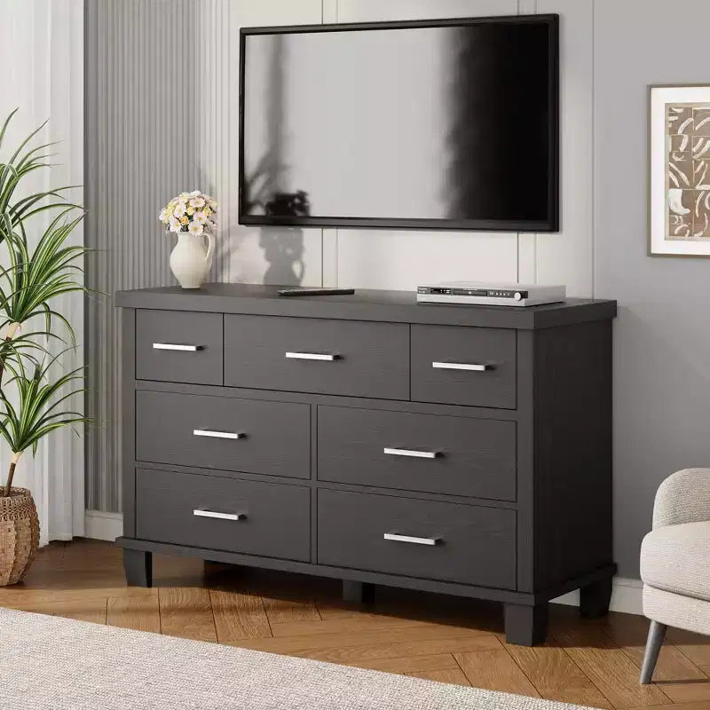 7 Drawers Wood Dresser for Bedroom, 51 Wide Storage Chest of Drawers, Modern Wooden Organizer with Metal Handles for Closet, Living Room