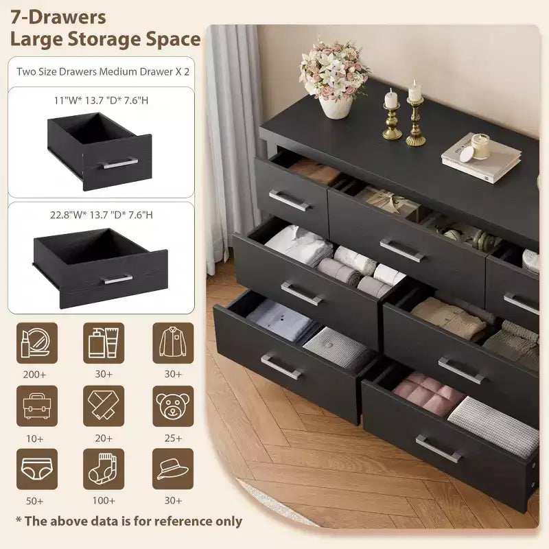 7 Drawers Wood Dresser for Bedroom, 51 Wide Storage Chest of Drawers, Modern Wooden Organizer with Metal Handles for Closet, Living Room