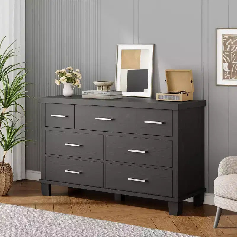 7 Drawers Wood Dresser for Bedroom, 51 Wide Storage Chest of Drawers, Modern Wooden Organizer with Metal Handles for Closet, Living Room