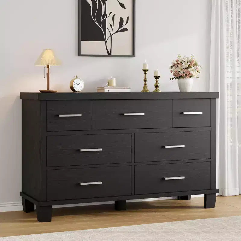 7 Drawers Wood Dresser for Bedroom, 51 Wide Storage Chest of Drawers, Modern Wooden Organizer with Metal Handles for Closet, Living Room