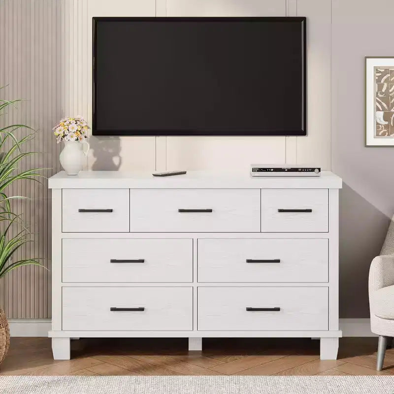 7 Drawers Wood Dresser for Bedroom, 51 Wide Storage Chest of Drawers, Modern Wooden Organizer with Metal Handles for Closet, Living Room