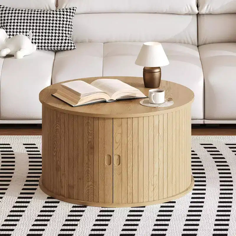 Coffee Table, Round Coffee Tables with Storage, Fluted Center Table, 28 Mid Century Modern Table with Sliding Cabinet Door for Living Room