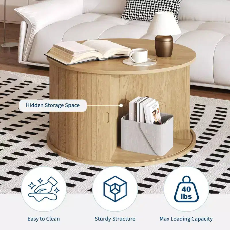 Coffee Table, Round Coffee Tables with Storage, Fluted Center Table, 28 Mid Century Modern Table with Sliding Cabinet Door for Living Room