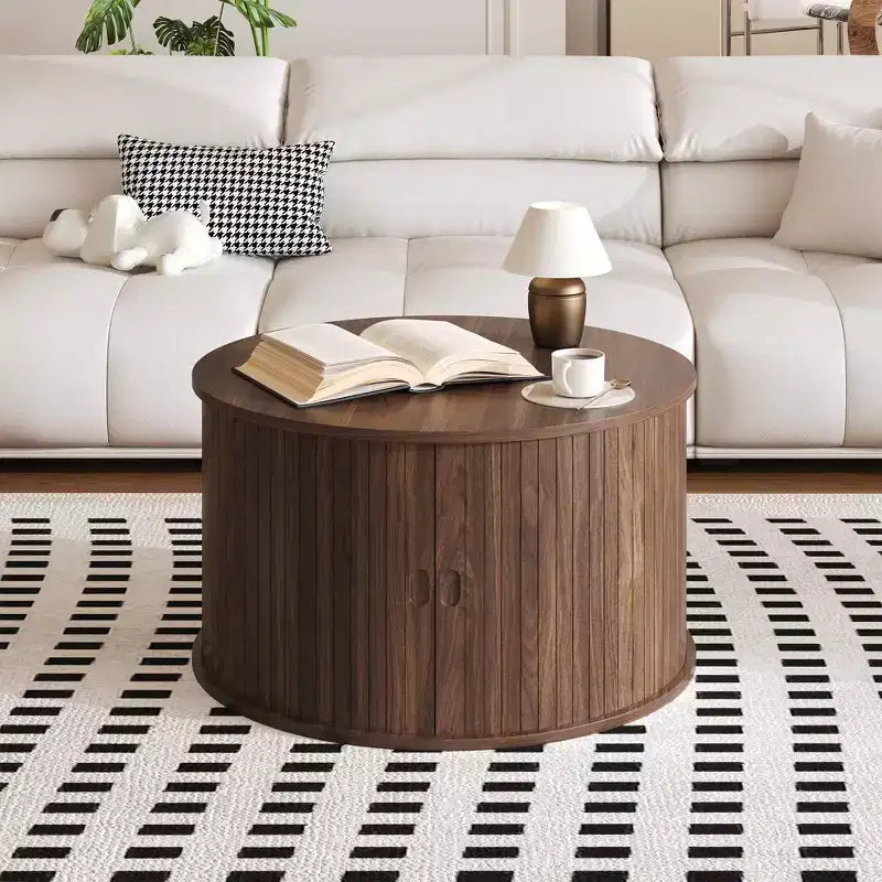 Coffee Table, Round Coffee Tables with Storage, Fluted Center Table, 28 Mid Century Modern Table with Sliding Cabinet Door for Living Room