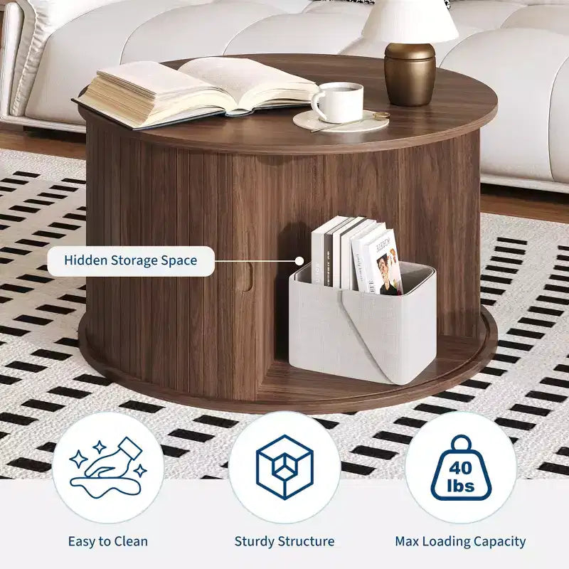 Coffee Table, Round Coffee Tables with Storage, Fluted Center Table, 28 Mid Century Modern Table with Sliding Cabinet Door for Living Room