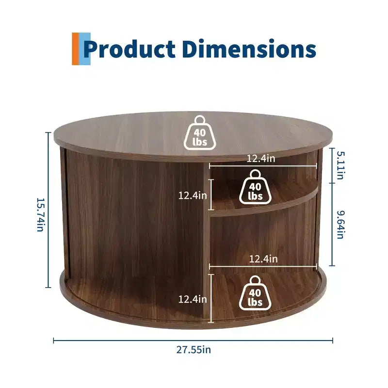 Coffee Table, Round Coffee Tables with Storage, Fluted Center Table, 28 Mid Century Modern Table with Sliding Cabinet Door for Living Room