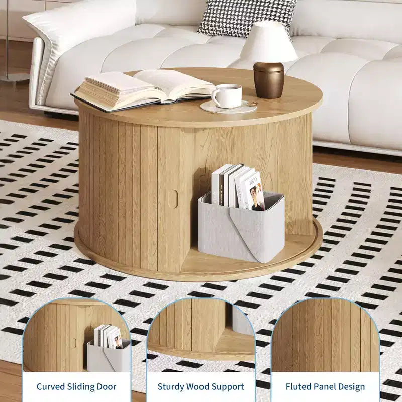Coffee Table, Round Coffee Tables with Storage, Fluted Center Table, 28 Mid Century Modern Table with Sliding Cabinet Door for Living Room
