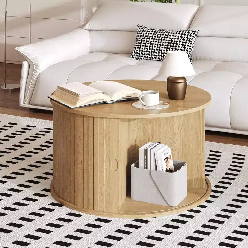 Coffee Table, Round Coffee Tables with Storage, Fluted Center Table, 28 Mid Century Modern Table with Sliding Cabinet Door for Living Room