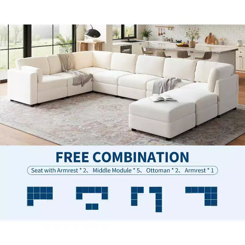 128 Modular Sectional, 9-Seater L-Shaped Sofa w/ 2 Storage Ottomans, Modern Sleeper Couch with Washable Removable Covers & Pillows