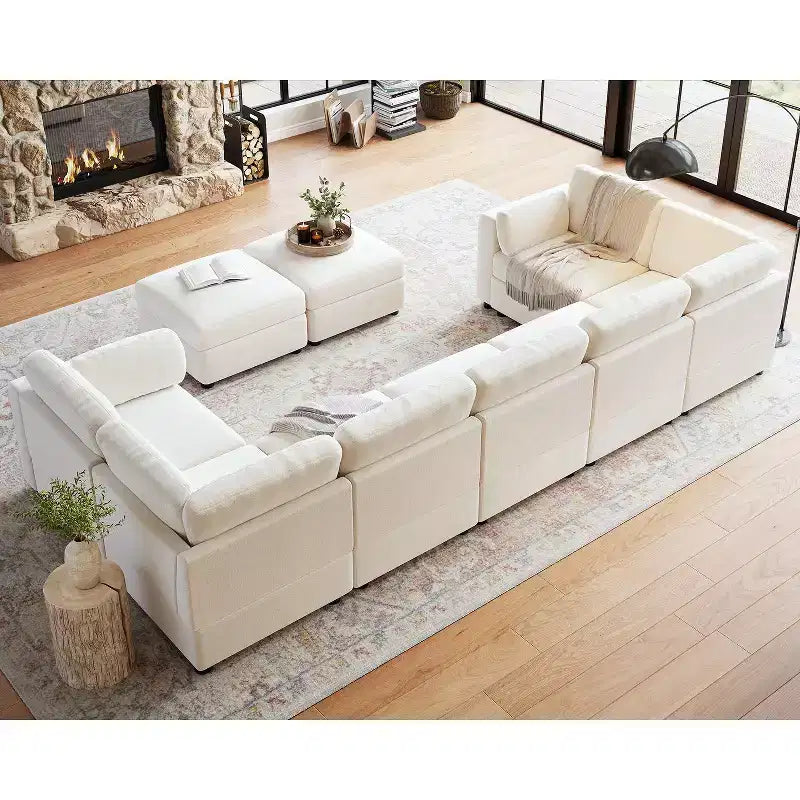 128 Modular Sectional, 9-Seater L-Shaped Sofa w/ 2 Storage Ottomans, Modern Sleeper Couch with Washable Removable Covers & Pillows