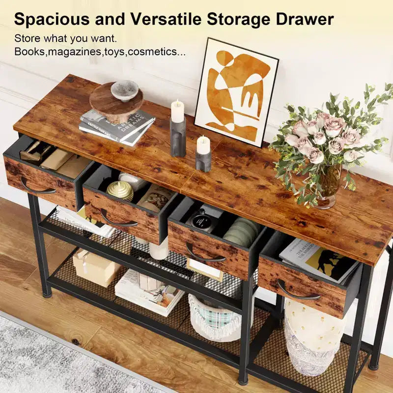 47 in Industrial Rustic Brown Wood Top Entryway Console Sofa Table with 4 Fabric Storage Drawers Metal Mesh Shoe Rack Shelf Front Door Foyer Hallway