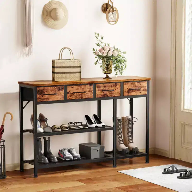 47 in Industrial Rustic Brown Wood Top Entryway Console Sofa Table with 4 Fabric Storage Drawers Metal Mesh Shoe Rack Shelf Front Door Foyer Hallway