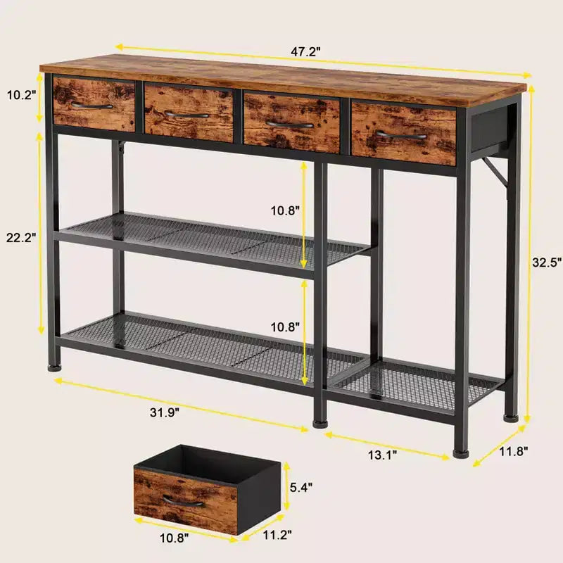 47 in Industrial Rustic Brown Wood Top Entryway Console Sofa Table with 4 Fabric Storage Drawers Metal Mesh Shoe Rack Shelf Front Door Foyer Hallway