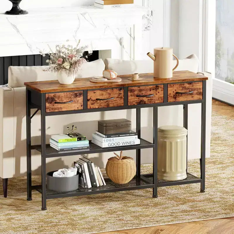 47 in Industrial Rustic Brown Wood Top Entryway Console Sofa Table with 4 Fabric Storage Drawers Metal Mesh Shoe Rack Shelf Front Door Foyer Hallway