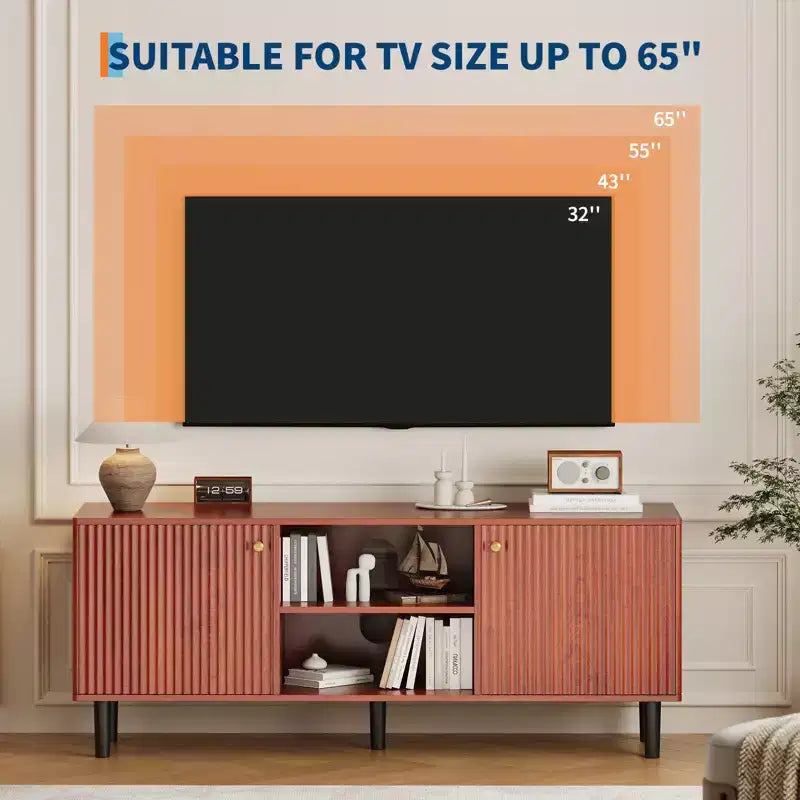 Garvee Fluted TV Stand for TVs up to 65in, Wooden Mid Century Entertainment Center 55in Long Media Console Table with 2 Doors Storage Adjustable Shelf