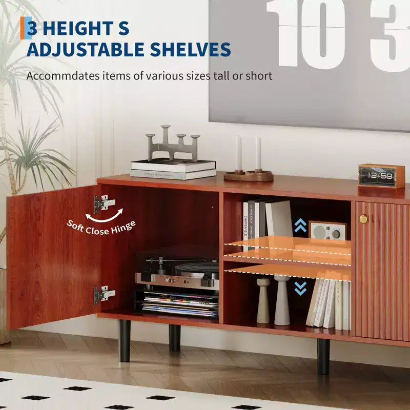 Garvee Fluted TV Stand for TVs up to 65in, Wooden Mid Century Entertainment Center 55in Long Media Console Table with 2 Doors Storage Adjustable Shelf