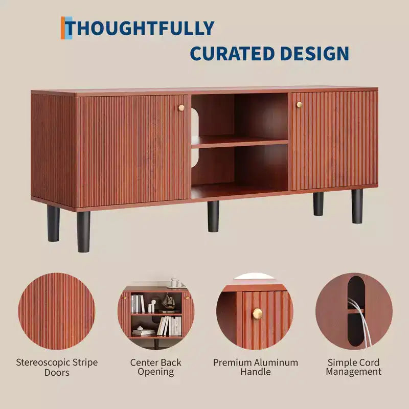 Garvee Fluted TV Stand for TVs up to 65in, Wooden Mid Century Entertainment Center 55in Long Media Console Table with 2 Doors Storage Adjustable Shelf